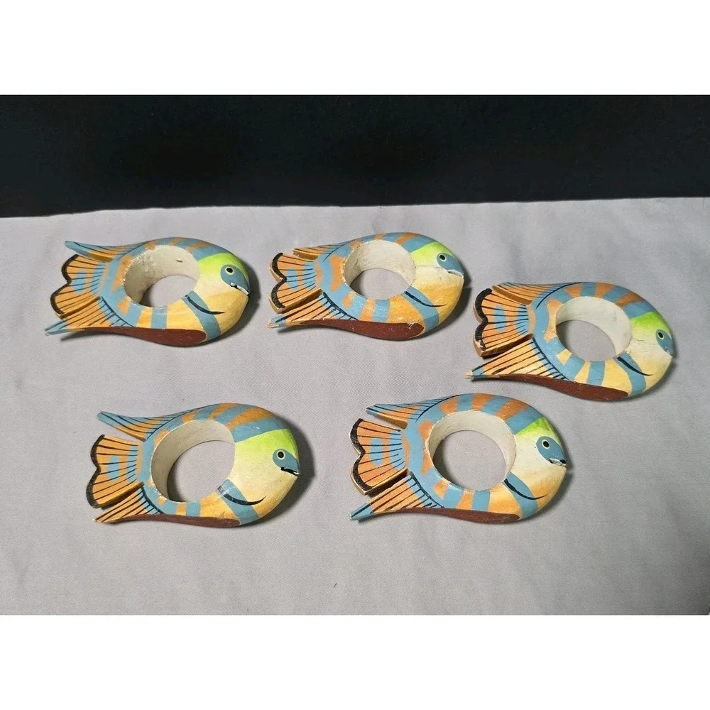 Tropical Fish Napkin Holders VTG Hand Carved Hand Painted 80s 90s